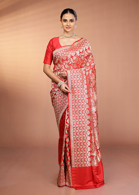 Red Handloom Banarasi Pure Silk Saree With Blouse Piece
