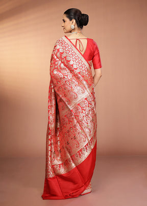 Red Handloom Banarasi Pure Silk Saree With Blouse Piece