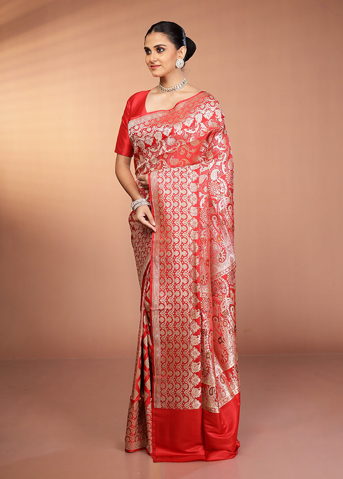 Red Handloom Banarasi Pure Silk Saree With Blouse Piece
