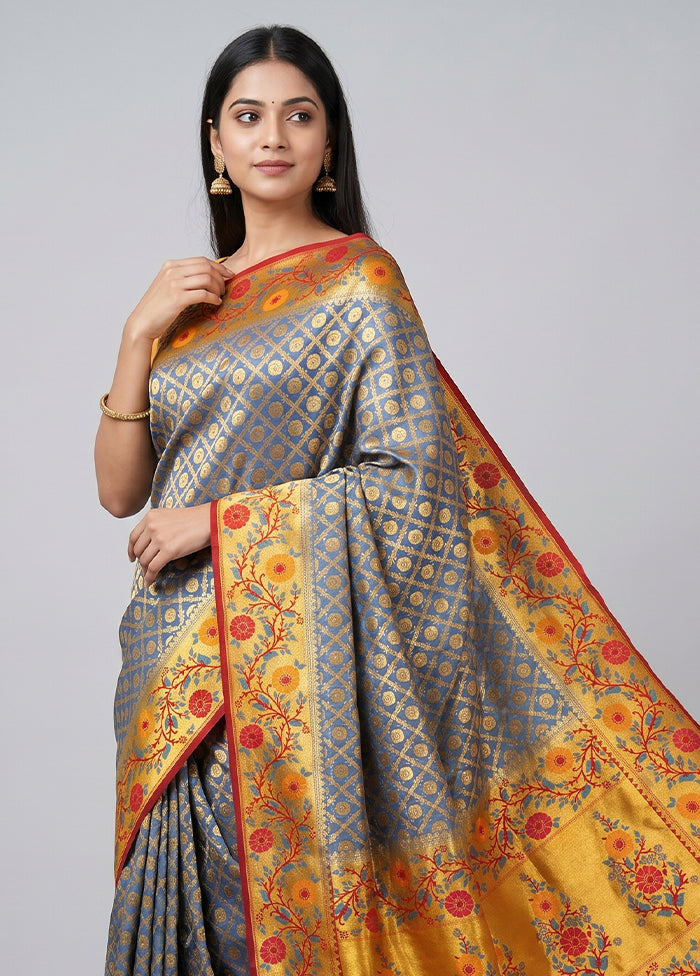 Blue Dupion Silk Saree With Blouse Piece