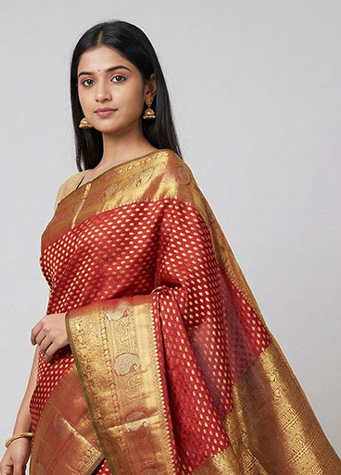 Maroon Handloom Kanchipuram Pure Silk Saree With Blouse Piece