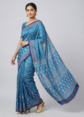 Blue Printed Pure Silk Saree Without Blouse Piece