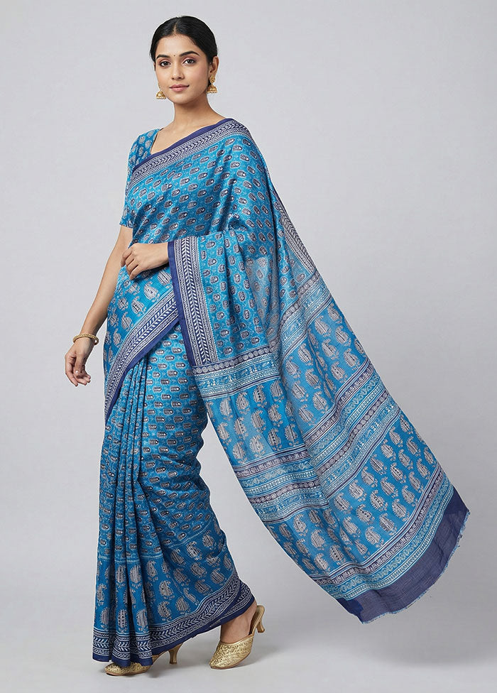 Blue Printed Pure Silk Saree Without Blouse Piece