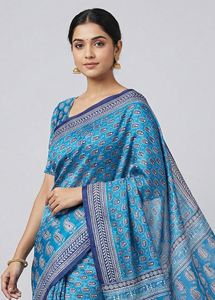 Blue Printed Pure Silk Saree Without Blouse Piece