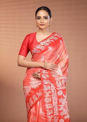 Red Printed Silk Saree Without Blouse Piece