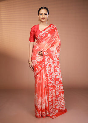 Red Printed Silk Saree Without Blouse Piece