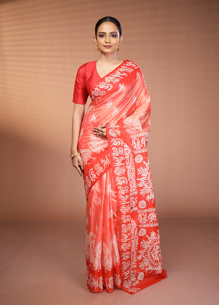 Red Printed Silk Saree Without Blouse Piece