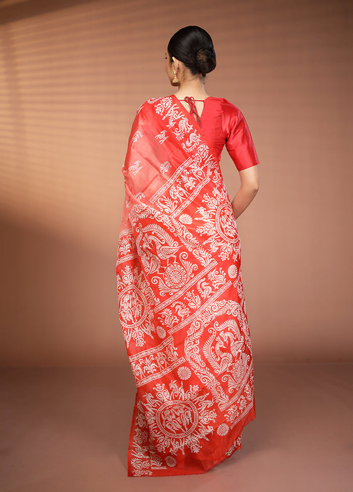 Red Printed Silk Saree Without Blouse Piece