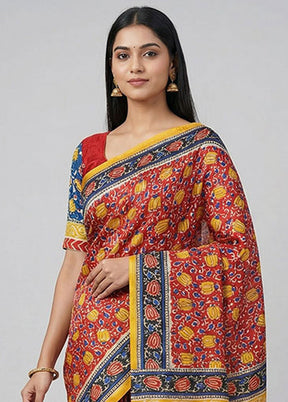Red Printed Silk Saree Without Blouse Piece