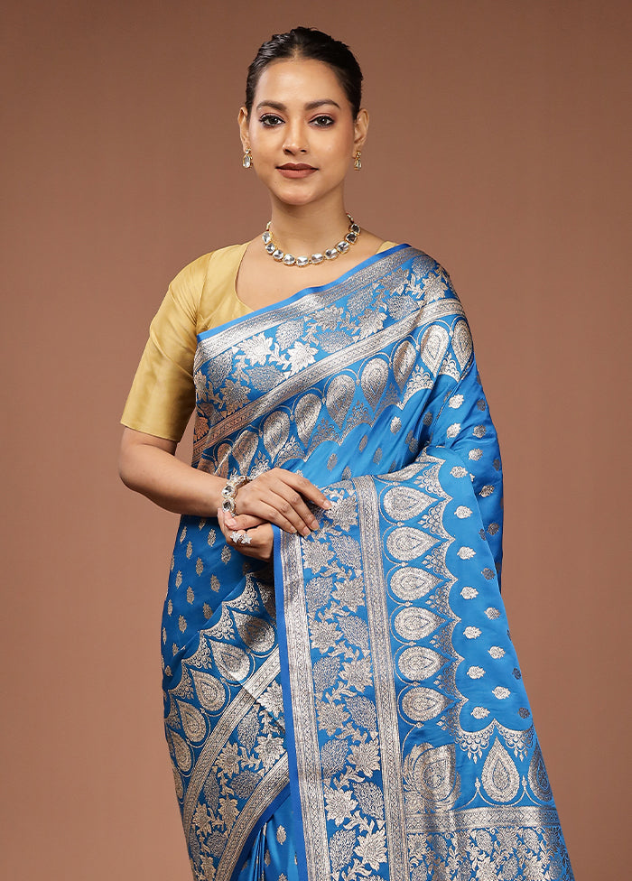 Blue Banarasi Silk Saree With Blouse Piece