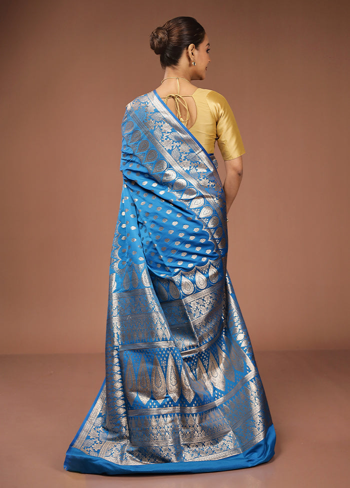 Blue Banarasi Silk Saree With Blouse Piece