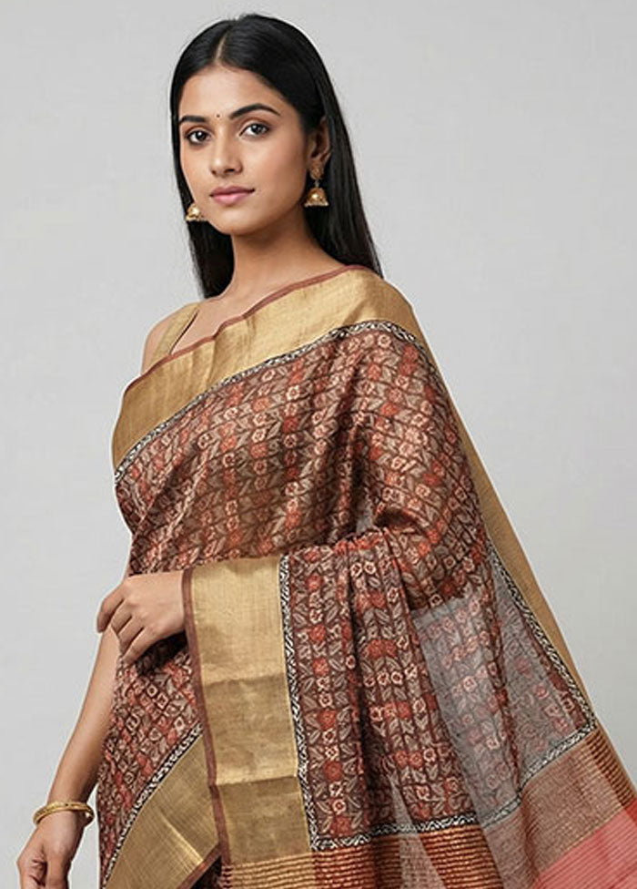 Brown Tussar Silk Saree With Blouse Piece
