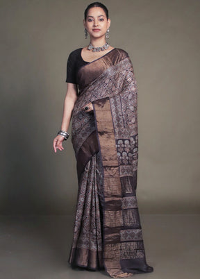 Brown Handloom Tussar Pure Silk Saree With Blouse Piece