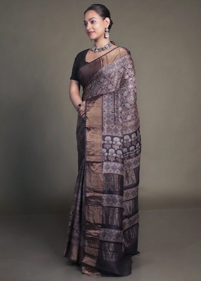 Brown Handloom Tussar Pure Silk Saree With Blouse Piece
