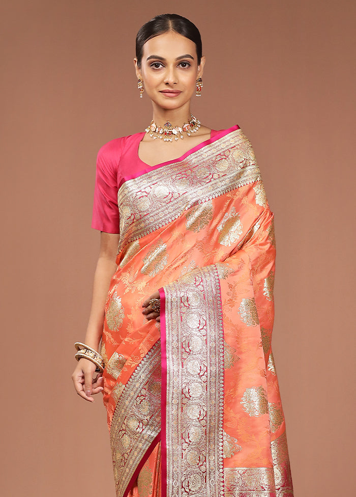 Peach Tanchoi Silk Saree With Blouse Piece
