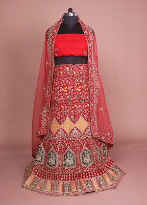 Red Blended Silk Dupatta Lehenga Set