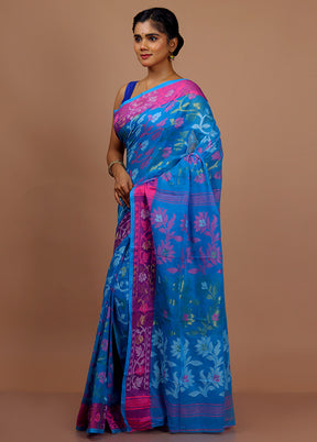 Blue Cotton Saree With Blouse Piece - Indian Silk House Agencies