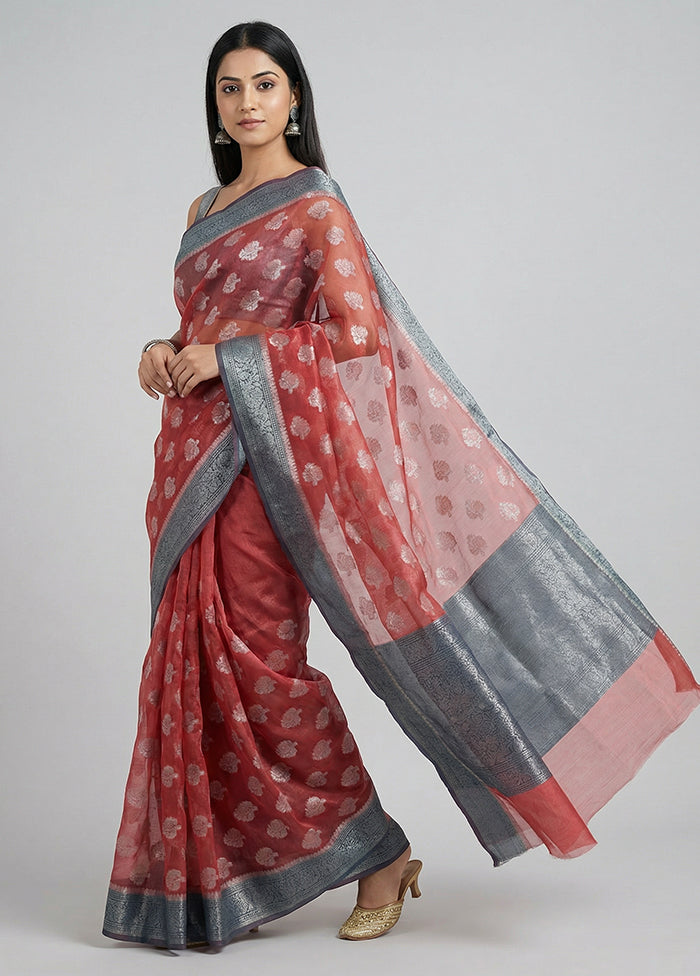 Red Organza Saree With Blouse Piece