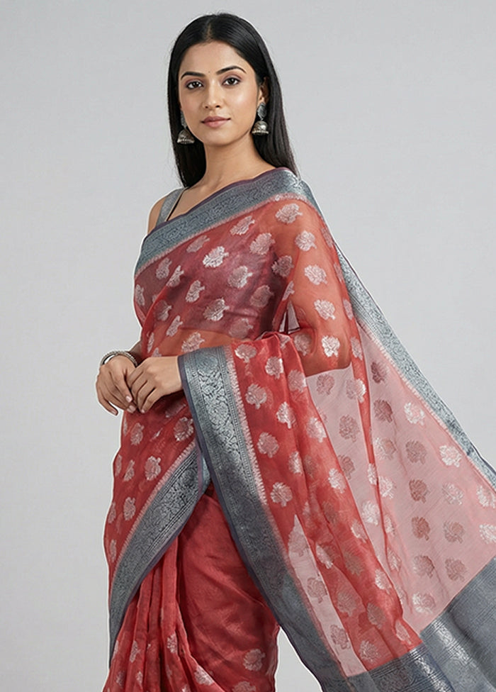 Red Organza Saree With Blouse Piece
