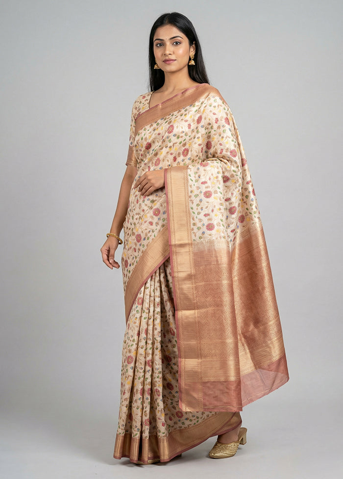 Cream Handloom Katan Pure Silk Saree With Blouse Piece