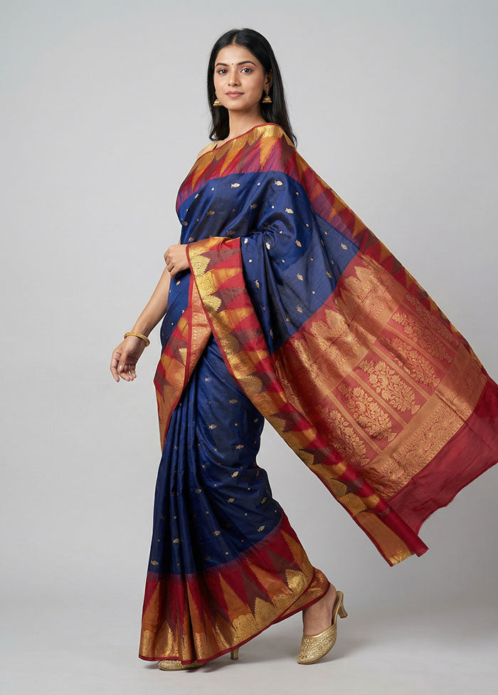 Blue Handloom Kanjivaram Pure Silk Saree With Blouse Piece