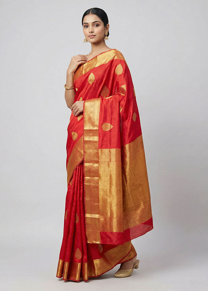 Red Handloom Kanchipuram Pure Silk Saree With Blouse Piece