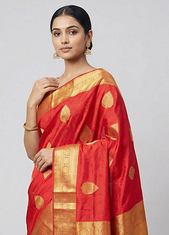 Red Handloom Kanchipuram Pure Silk Saree With Blouse Piece