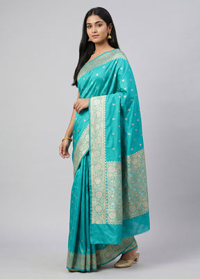 Blue Handloom Katan Pure Silk Saree With Blouse Piece