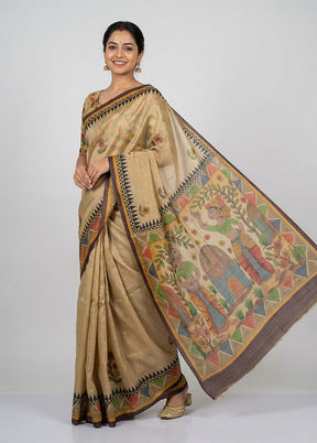 Cream Handloom Tussar Pure Silk Saree With Blouse Piece