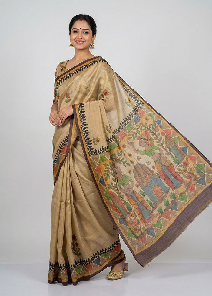 Cream Handloom Tussar Pure Silk Saree With Blouse Piece