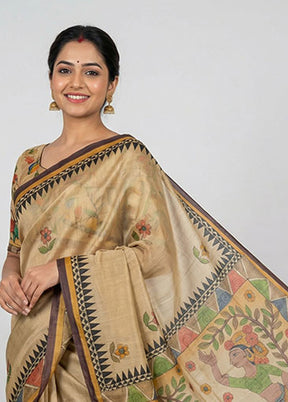 Cream Handloom Tussar Pure Silk Saree With Blouse Piece