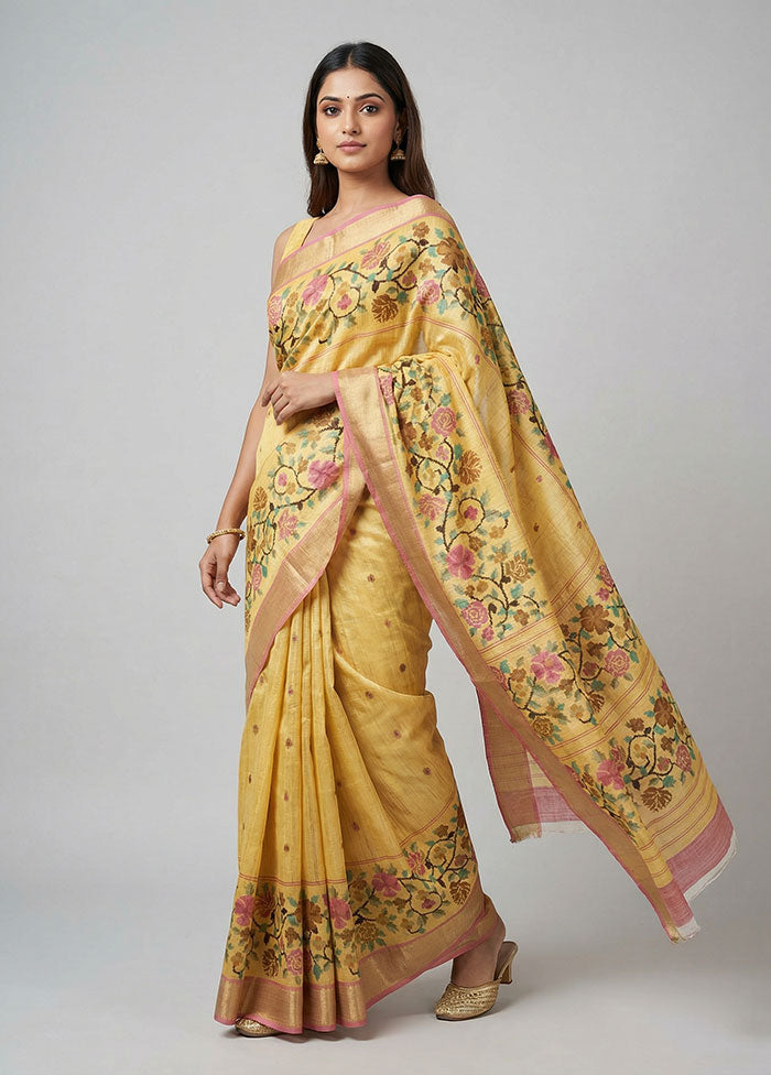 Yellow Printed Pure Silk Saree Without Blouse Piece