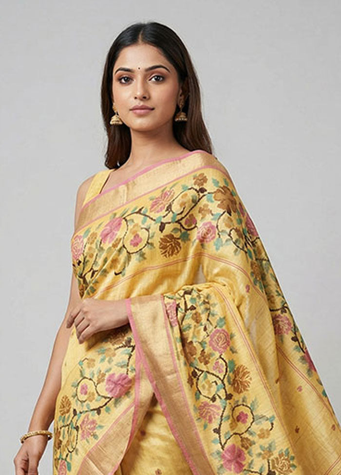 Yellow Printed Pure Silk Saree Without Blouse Piece