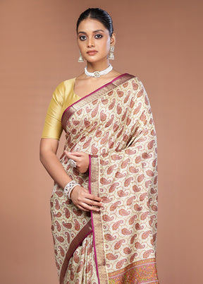 Cream Printed Pure Silk Saree Without Blouse Piece