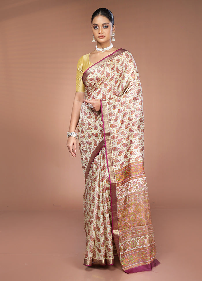 Cream Printed Pure Silk Saree Without Blouse Piece