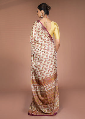 Cream Printed Pure Silk Saree Without Blouse Piece