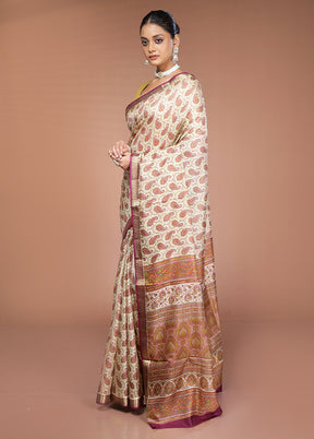 Cream Printed Pure Silk Saree Without Blouse Piece