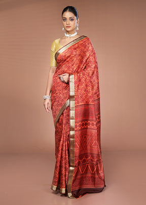Rust Printed Pure Silk Saree Without Blouse Piece