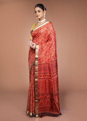 Rust Printed Pure Silk Saree Without Blouse Piece