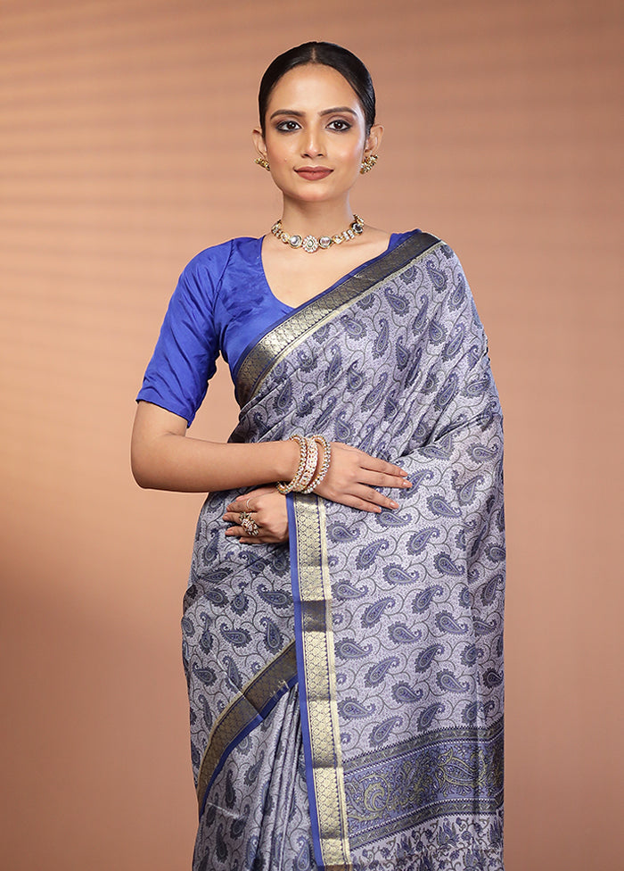 Grey Printed Pure Silk Saree Without Blouse Piece