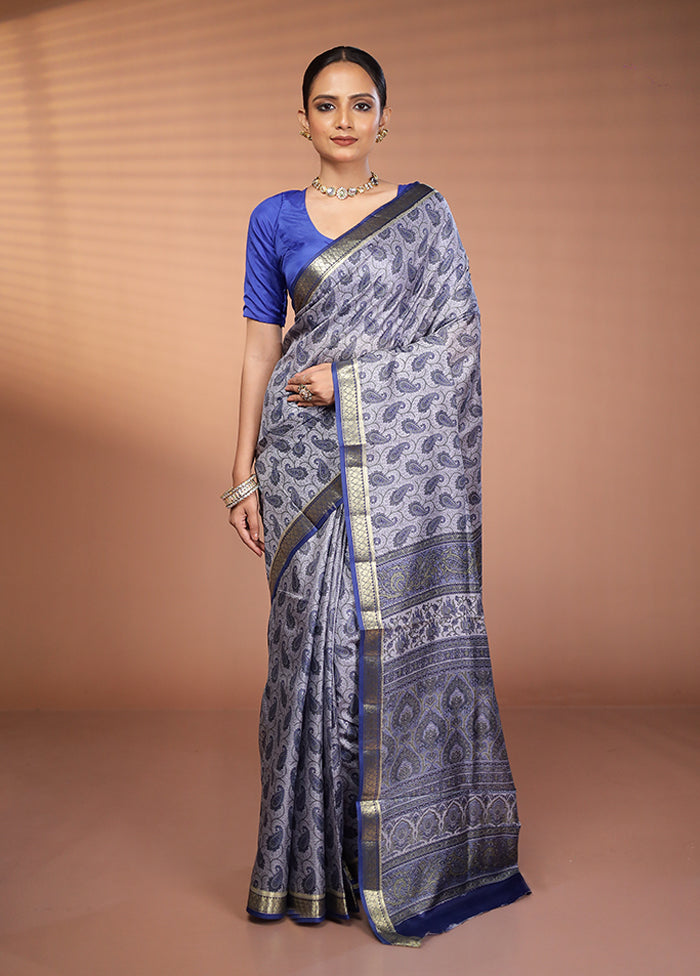 Grey Printed Pure Silk Saree Without Blouse Piece