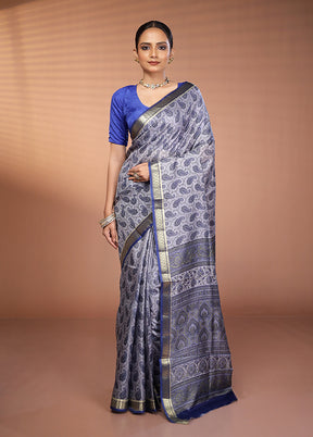Grey Printed Pure Silk Saree Without Blouse Piece