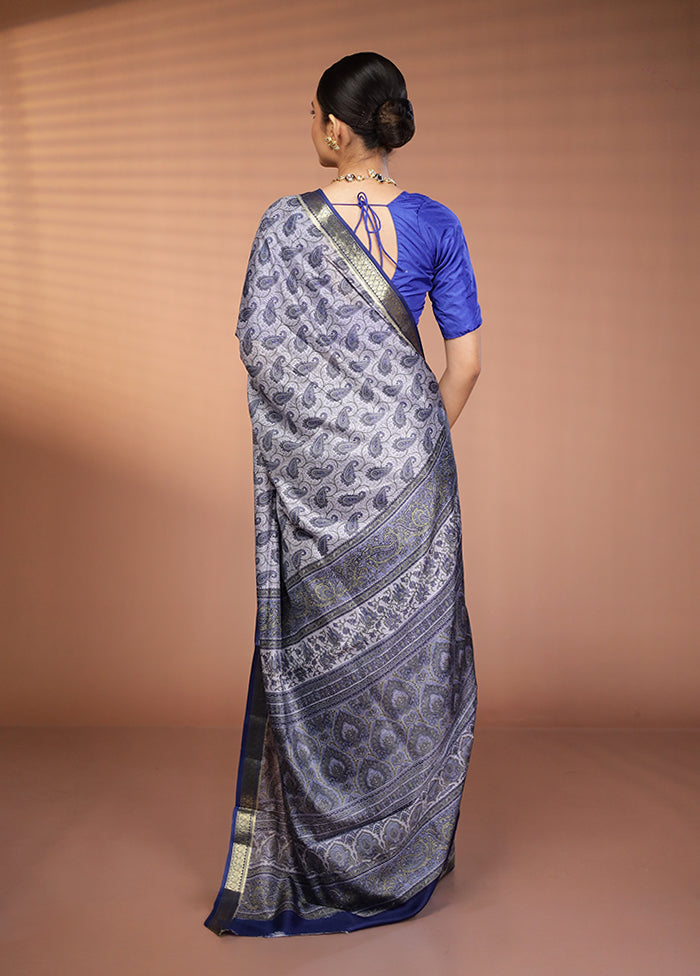 Grey Printed Pure Silk Saree Without Blouse Piece