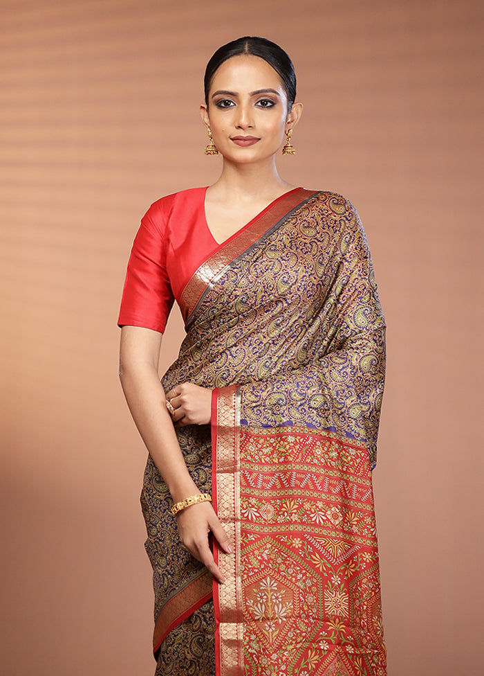 Blue Printed Silk Saree Without Blouse Piece