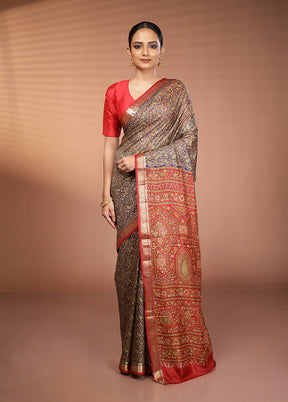 Blue Printed Silk Saree Without Blouse Piece