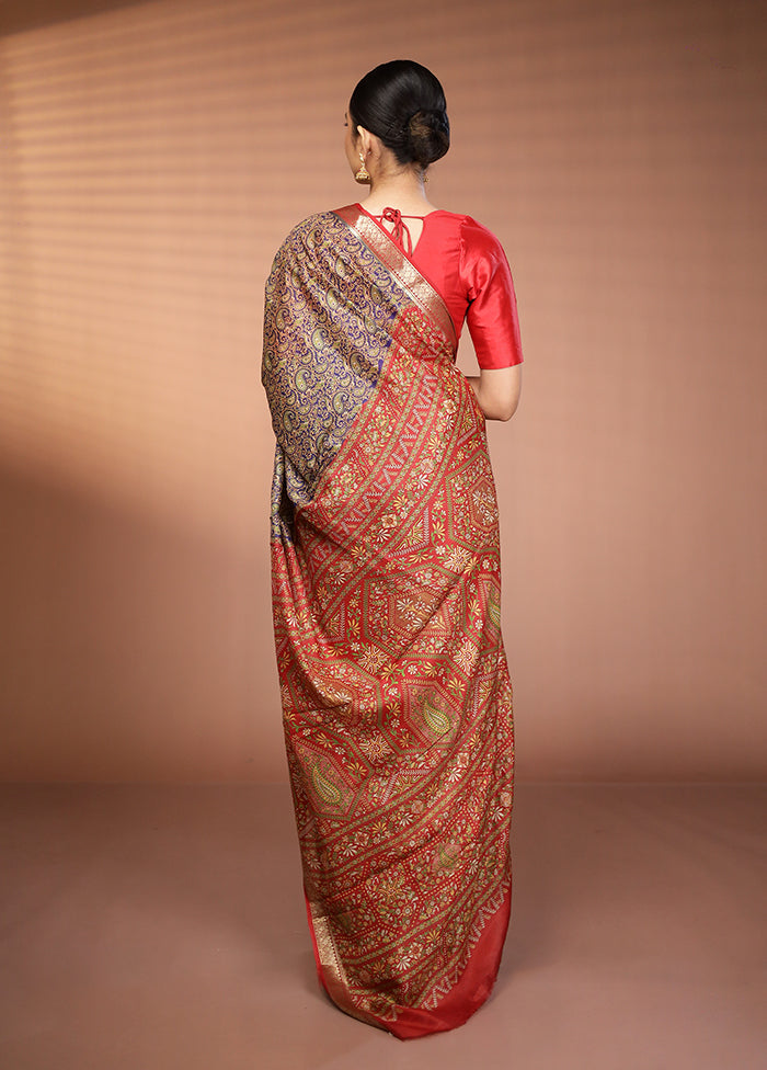Blue Printed Silk Saree Without Blouse Piece