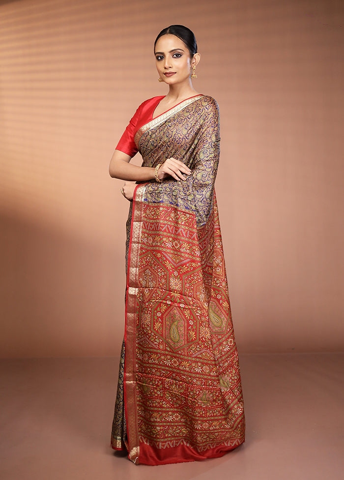 Blue Printed Silk Saree Without Blouse Piece
