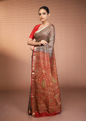 Blue Printed Silk Saree Without Blouse Piece