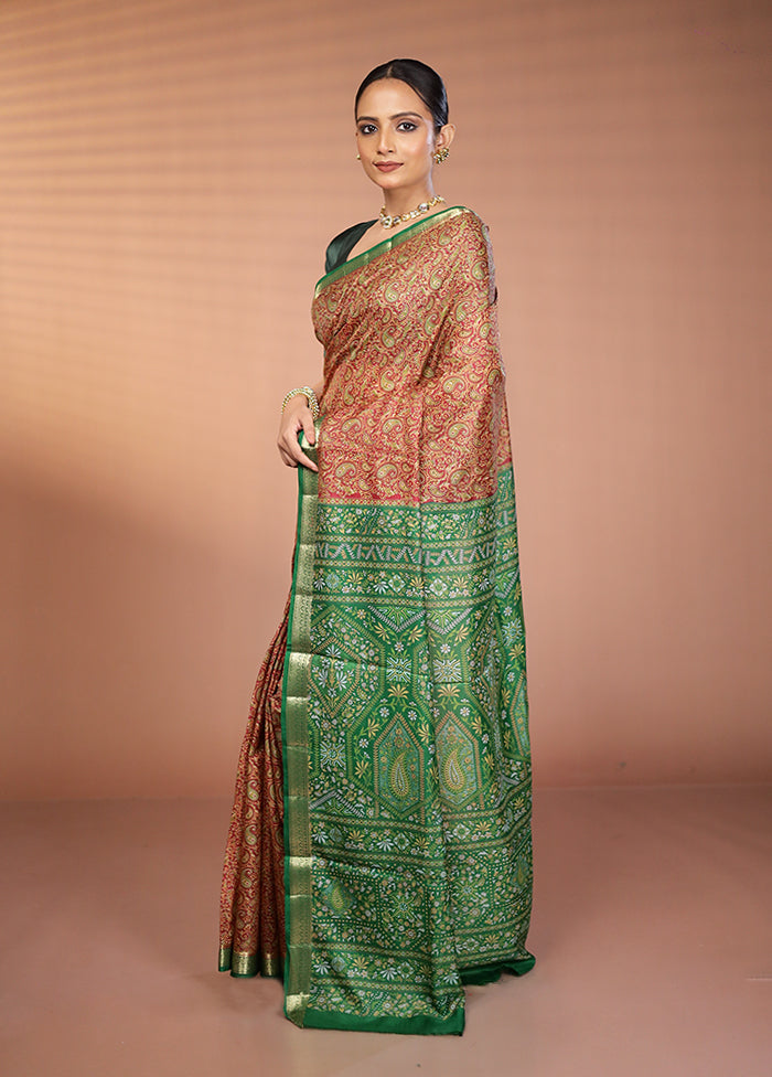 Maroon Printed Pure Silk Saree Without Blouse Piece