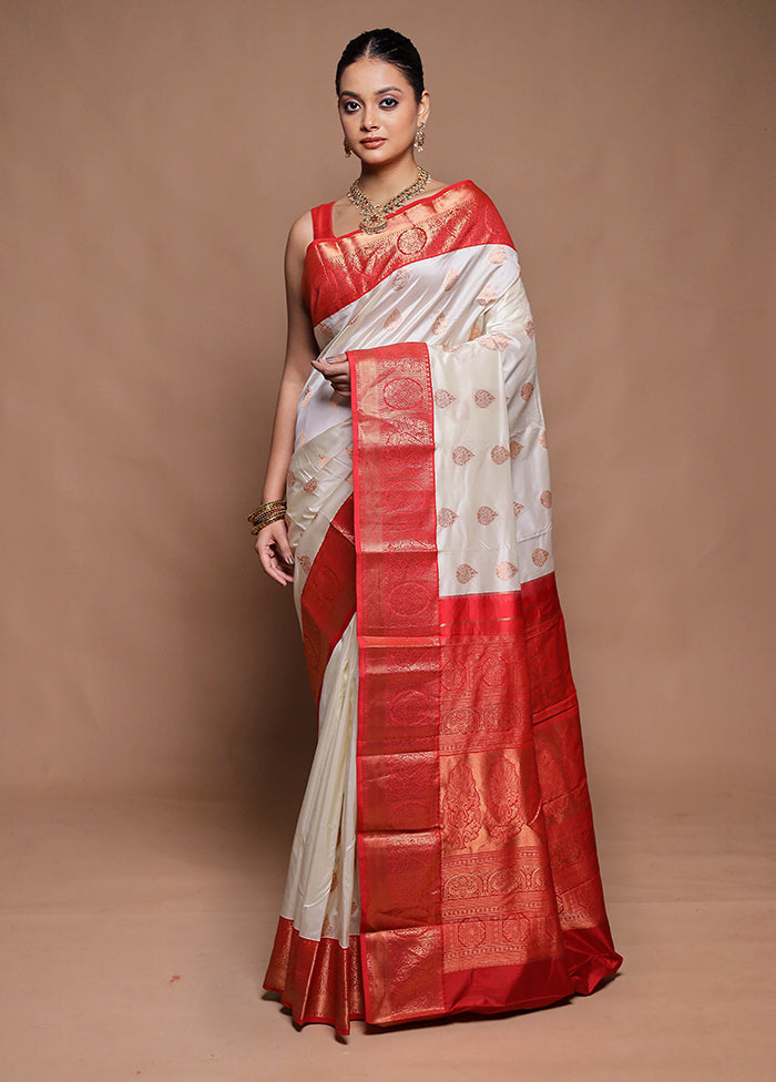 Cream Handloom Kanjivaram Pure Silk Saree With Blouse Piece